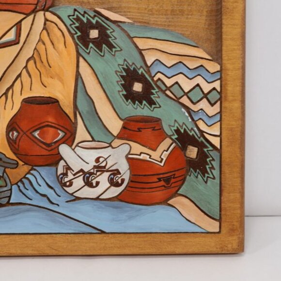 Southwestern Wood Hand Carved Picture Pottery Atzec Wall Hanging - Picture 4 of 7